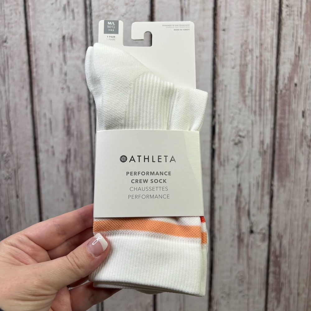 NWT Athleta High Performance Crew Sock Socks Orange Haze/Bright‎ White Med/Large